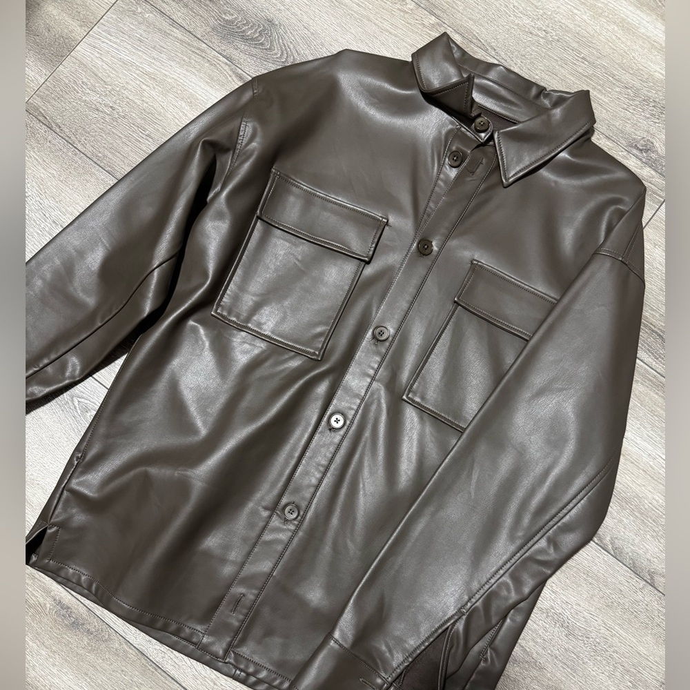OAK + FORT Dark Brown Leather Shirt Jacket